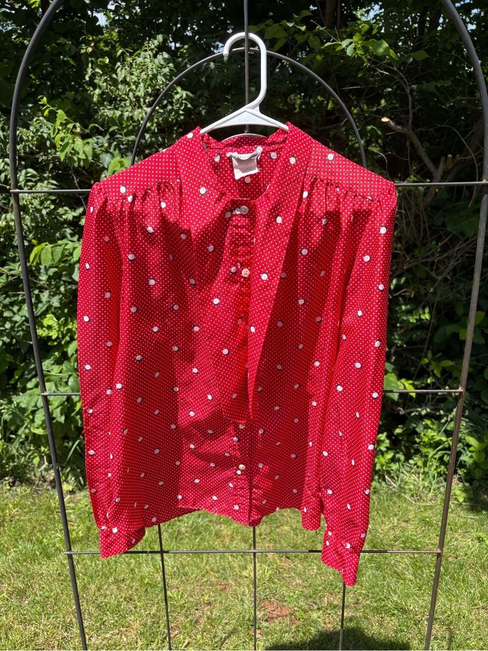 Vintage Evan Picone Tie Neck Long Sleeve Red Polka Dot Button Front Blouse Shirt